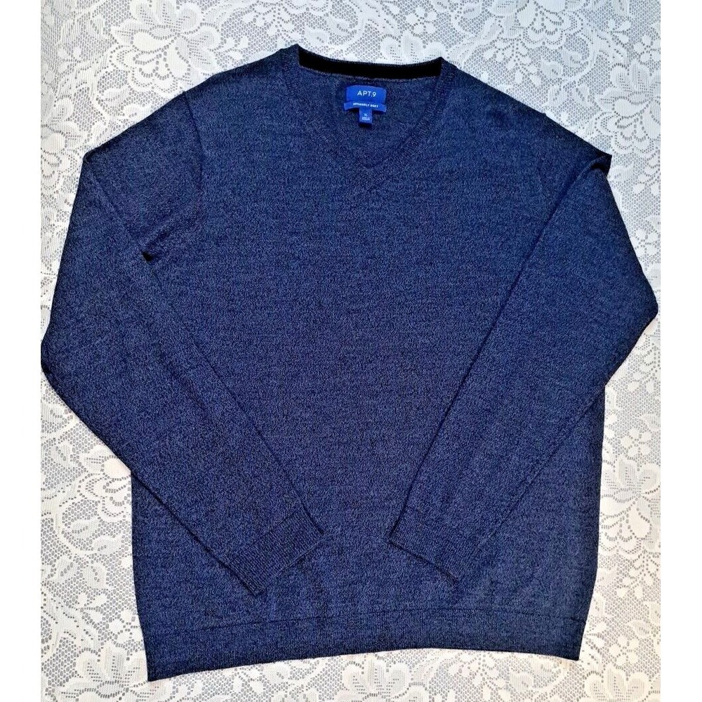 Apt 9 Sweater Men's Sz XL V-neck Pullover Long Sleeve Merino Wool Blue Pre-owned